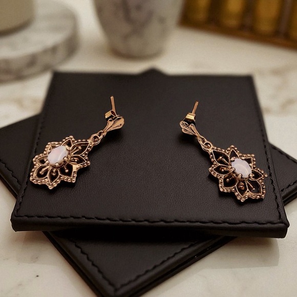 Light-Dainty Dangling Gold-Filled Filigree Opal Post Earrings - 14k Gold Posts - Picture 1 of 7